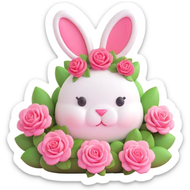 A cute pink bunny-shaped macaron dessert with a flower on its head and pink roses around it sticker