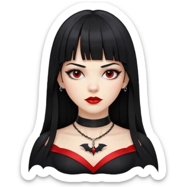 mulher cabelos pretos longos e lisos com uma franja curta acima dos olhos, olhos pretos com delineado, expressão séria, com um sorriso sensual e lábios vermelhos, ela usa uma gargantilha preta com um pequeno pingente de morcego preto e roupa com decote nos seios sticker