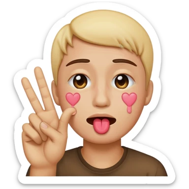 Emoji face crying while doing a kissy face holding up the peace sign sticker