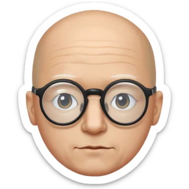 a guy who looks like kirby with a very round head, white skin and glasses almost bald, with like black glasses sticker