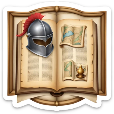 Icon for Historical Fiction Reading: an open book with pages showing ancient scrolls, a quill, a large knight's helmet, bowl and a parchment map. The icon should evoke the adventure and grandeur of historical settings and storytelling. Transparent background. sticker