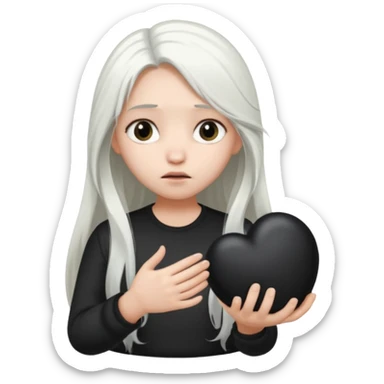 A girl with long white hair is sad and holds a black in her hands sticker