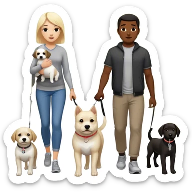 Blond white girl with dark black guy black hair with 1 dog medium size white and gray and 1 dog large dark brown and white, a dark skinned black guy with black short hair and their baby on a walk sticker