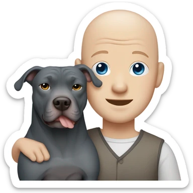 white bald man with blue eyes hugging large dark grey pit bull sticker