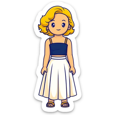 tan girl with wavy hair, white long skirt, navy blue ruched square neck crop top sticker