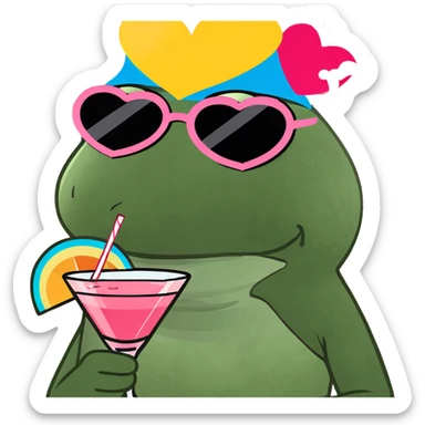 Bufo frog in a jumping pose, with rainbow umbrella hat, heart-shaped sunglasses, holding a pink cocktail, classic Bufo meme style sticker