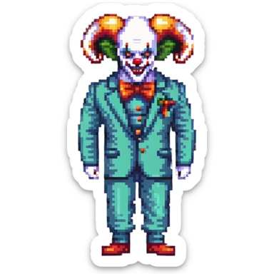 demonic clown wearing a leisure suit, bald with ram horns sticker