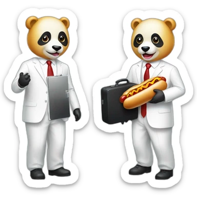 A professor with white suit and red tie and a panda face eating a hotdog and holding a black suitcase sticker