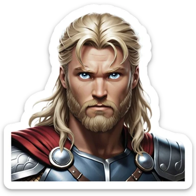 Cinematic Realistic Thor Portrait, depicted with lifelike skin texture and a commanding, muscular build that radiates divine strength. His piercing eyes, framed by rugged, flowing hair and a well-groomed beard, exude both determination and amiable authority. Clad in his signature armor with subtle hints of mystical lightning, the portrait is rendered in dynamic natural lighting with a radiant, heroic glow. sticker