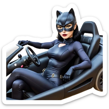 full size real-appearance electric road racing sexy CatWoman’s feminine midnight-colored tight outfit sixty’s tv show dark stealthy accurate sporty safe plush deluxe off-road pursuit drifting car jaguar accents (black hair,reclined and relaxed torso and shoulders back seating position) cross kart  sticker