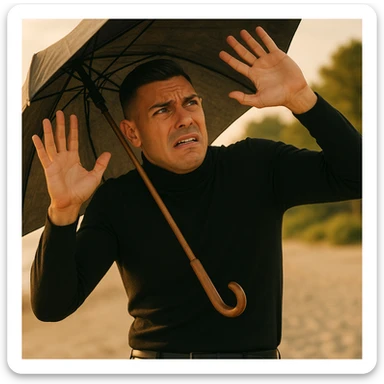Create a symbolic 4k realistic scene outdoors, either beach or park, showing a man with expressive, worried body language. The man is raising his hands or using an umbrella or large hat to block natural, warm sunlight. The man looks uncomfortable or fearful, as if trying to protect himself from the sun. Use muted colors and focus on expressive body language, symbolizing misunderstanding about sunlight and health. Use the reference image for facial features and general appearance. sticker