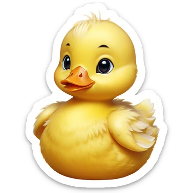 Cinematic Cute Yellow Baby Duck Portrait Emoji, Head tilted playfully and inquisitively, featuring a fluffy, vibrant yellow downy coat with a tiny delicate beak, round, sparkling eyes filled with curiosity, Simplified yet irresistibly adorable features, highly detailed, glowing with a warm, friendly glow, high shine, affectionate and spirited, stylized with a touch of playful whimsy, bright and endearing, soft glowing outline, capturing the essence of a mischievous yet loving duckling, so playful it feels like it could peep out of the screen and into your arms! sticker