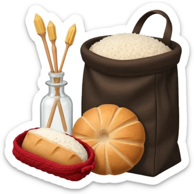  a one victorian bottle of salt and a loaf of bread - a bread bag, crochet needles and a ball of wool sticker