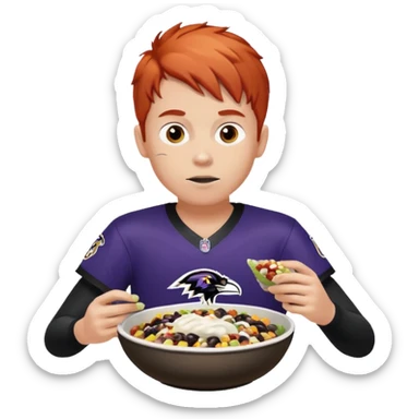 a red-haired boy wearing a ravens jersey and eating a chipotle burrito bowl sticker