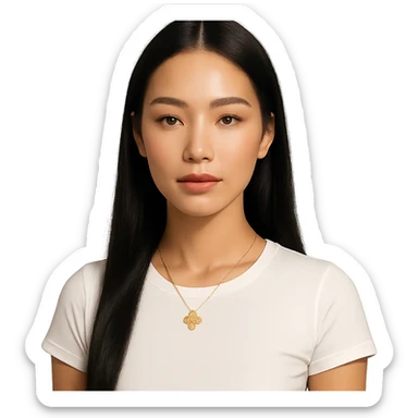 a calm woman with long straight black hair parted in the middle, light glowing skin, almond eyes with subtle makeup, full coral lips, white fitted t-shirt, gold four-leaf clover necklace, neutral expression, looking at the viewer sticker