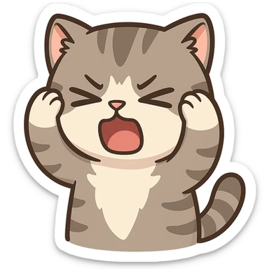 Cat meme, a gray tabby cat holding its head and screaming, with its eyes closed and mouth open, looking annoyed sticker