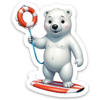 full body friendly anthropomorphised polar bear smiling, wearing colorful swim suit and long board shorts below the knee, scuba goggles, holding red and white life buoy, standing in small puddle sticker