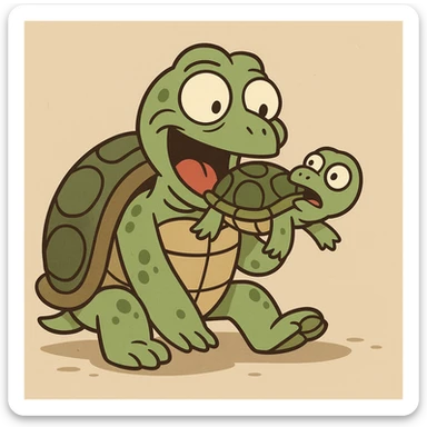 a playful cartoon turtle eating a smaller turtle, flat toon style sticker