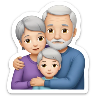 A small grandma with short grey hair, and thin grandpa with a short white beard hugging a white daughter sticker