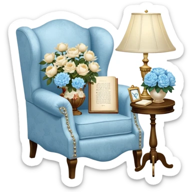 A cozy vintage-inspired reading nook, with an overstuffed ivory armchair, a golden reading lamp, and a bouquet of soft blue roses, white peonies, and dahlias resting on a small lace-covered side table, as a pearl butterfly gently rests on the open book.  sticker