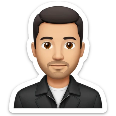 Attractive Hispanic TV host in his mid to late 40s with light brown skin, short straight black hair with pronounced fade haircut, stubble/scruff facial hair instead of full beard, square handsome face with strong jawline, friendly expression, wearing open black jacket with white buttoned shirt sticker