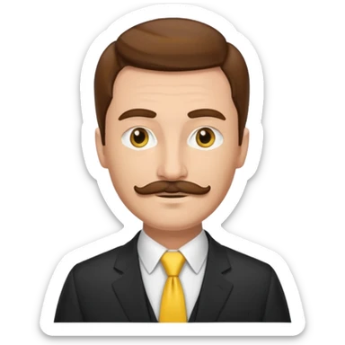 ["Fair-skinned man with brown hair and thin moustache, wearing a suit and yellow tie."] sticker