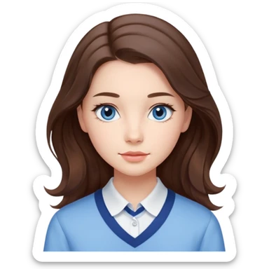 Realistic Student Portrait, with porcelain-like skin featuring a natural rosy flush, iHer Brunette Half-Up Style for Straight  hair flows in soft, Her deep blue eyes radiate warmth and innocence,  wear light blue preppy style. sticker