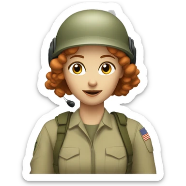 operator dressed in khaki color with a milatary helmet, without glasses, with headset, preferably curly redhead female sticker