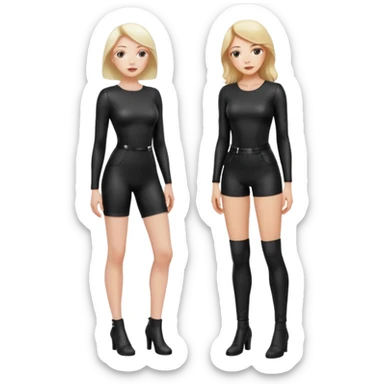 A woman on her knees for another woman, while the other woman stands up next to her. The woman standing is a dominatrix, the other woman on the knees is a slave sticker