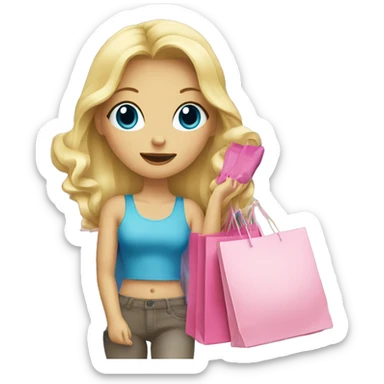 blonde girl with blue eyes surrounded by pink shopping bags sticker