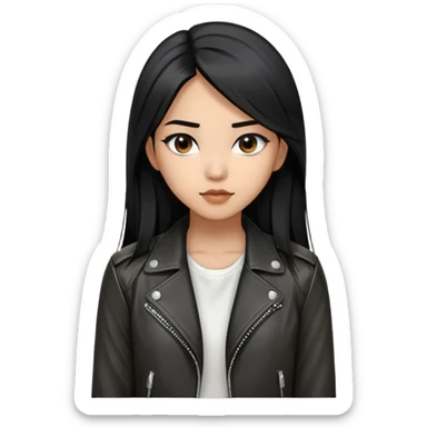 create an emoji of a 22-year-old woman, long straight black hair, black eyes with Asian features, she is brown, wears a black leather jacket with a white blouse underneath sticker