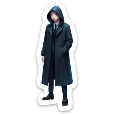 Movie Poster: A tense, gripping design with dramatic lighting. Include a mysterious figure in a dark coat standing in a rain-soaked alley, with glowing neon signs in the background. Shadows loom, and ominous shapes emerge from the mist. Suspenseful and cinematic atmosphere. Transparent background. sticker