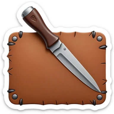 Leatherworking icon, big piece of raw leather with started engraving, engraving tool or chisel, stamp and press, textured surface, minimalistic style, clean lines, transparent background. sticker