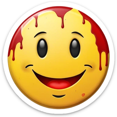 Yellow round smiley face badge with a small red blood splatter sticker