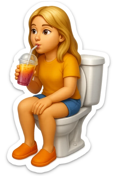 emoji stile iphone di una donna seduta sul wc che beve uno smoothies colorato, iperrealistico 4k sticker