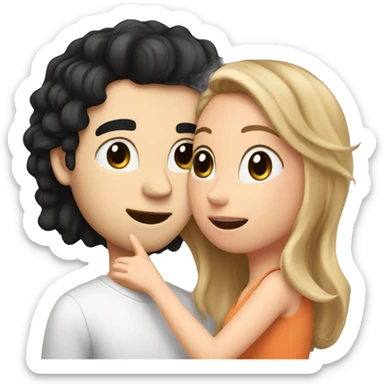 A white girl with a black hair square kisses a tall white guy with brown hair. There are peaches all around sticker