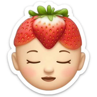 Baby face sleeping with eyes closed with a strawberry on top of the head sticker
