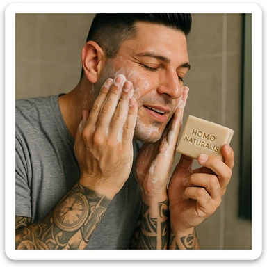 Create a realistic image of a man washing his face with a soap called 'Homo Naturalis'. The man's face and appearance should closely resemble the person in the reference photo. Show the soap with the name clearly visible. The tone should be natural and positive. sticker
