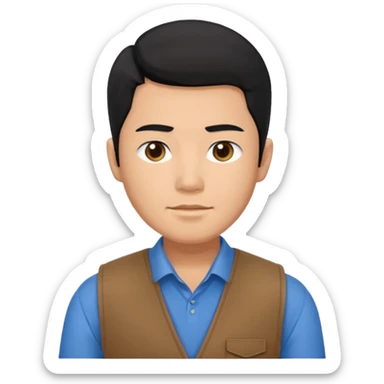 A Asian man with black hair and a blue shirt on wear a brown vest sticker