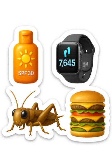 emoji stile iphone di una boccetta di CREMA SOLARE, UNO SMARTWATCH CONTAPASSI, UN GRILLO, UNA TORRETTA DI HAMBURGER FATTI CON I PISELLI, IPERREALISTICO 4K sticker