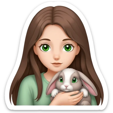 A grey, floppy eared bunny being held by a girl with long brown hair and green eyes. sticker
