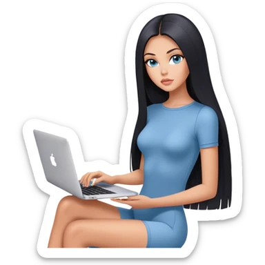 Glamours tanned very beautiful girl with pump peach nude lips and black straight smooth long hair, blue-grey eyes in beautiful short sleeves bodysuit with MacBook sticker