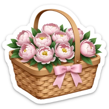 White Picnic basket with light pink bow and white peonies inside sticker