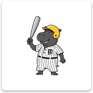hippo holding a baseball bat, wearing a yellow helmet, pinstripes outfit sticker