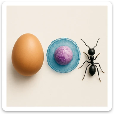 an egg next to a biological cell, both to the left of an ant sticker