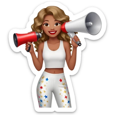 A confident young woman with long wavy hair and bold red lipstick smiles brightly. She wears a white “Liv Laugh Love” crop top, sparkly pants, and accessories, holding a red megaphone with colorful stars bursting out. sticker