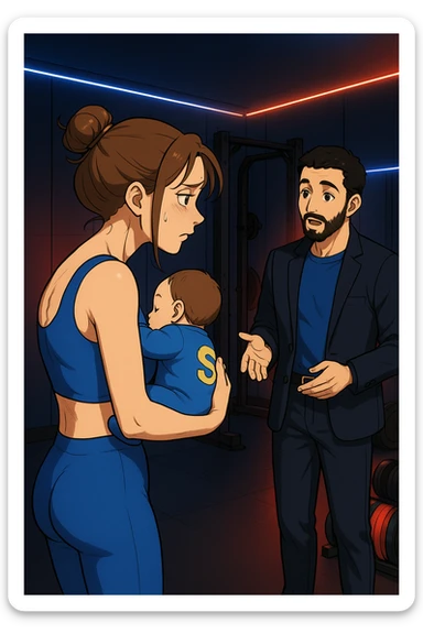 ispirati a questo stile di disegno e fai questa immagine in versione manga/webtoon a colori, il manga mostra la donna preoccupata di profilo con la postura sbagliata e incurvata, spalle chiuse e curve in avanti, con un neonato in braccio con una tutina azzurra e la scritta "S" sulla schiena, spina dorsale storta della donna in evidenza mentre ascolta l'uomo mentre l'uomo gli sta spiegando una cosa, ma non fare i fumetti, fai come se stessero parlando sticker