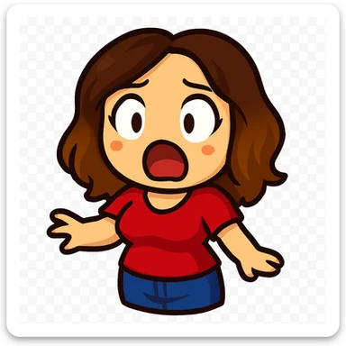 Sticker style chibi emote, matching the attached green heart emote as a base, but with a slightly skinnier body and a bigger chest. Woman from reference, red blouse and blue jeans, surprised/shocked, cute surprised face, no headband, no wand, transparent background. Top color should not match jeans. sticker