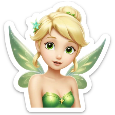 Cinematic Realistic Blonde Tinker Bell Fairy Portrait, head tilted playfully and inquisitively, showcasing a delicate pixie form with finely detailed, golden blonde hair and softly glowing, translucent wings that catch the light with a cascade of fairy dust. Her bright, curious eyes sparkle with mischief and wonder, rendered with lifelike clarity and warm, gentle lighting that captures the essence of a spirited, charming fairy ready to flutter playfully into your heart. sticker