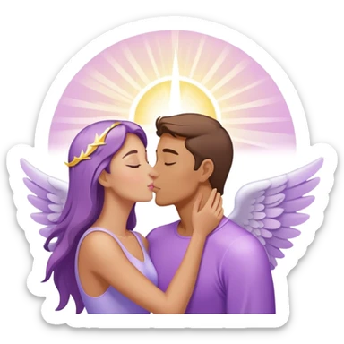 a pastel purple angel woman kisses White brunette man human with rays of light sticker